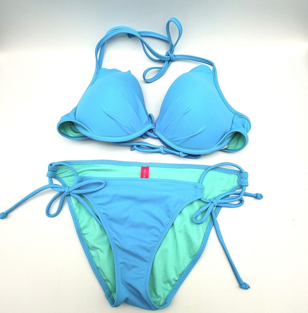 Victoria’s Secret Bikini Set XS 32D Blue Teal Halter Padded Top Tie Bottoms Y2K